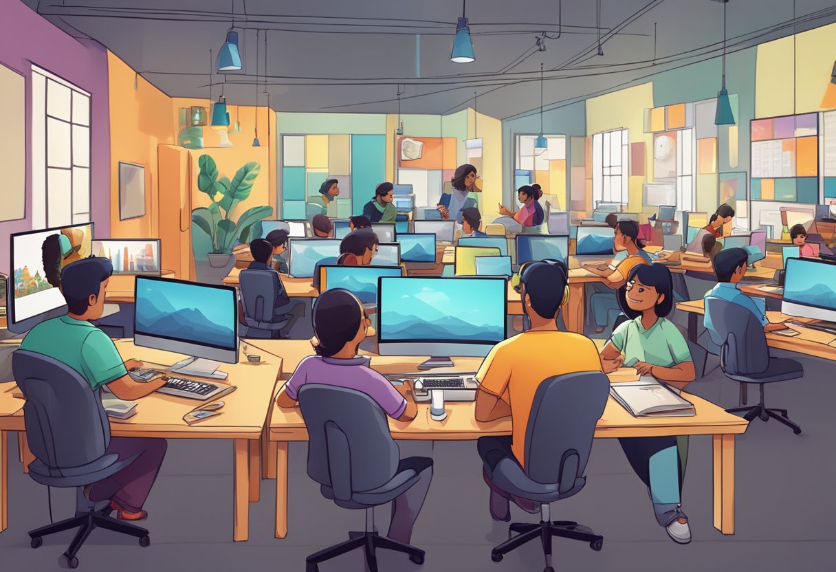A bustling animation studio in India, with teams of artists creating colorful and engaging educational animations for a diverse audience