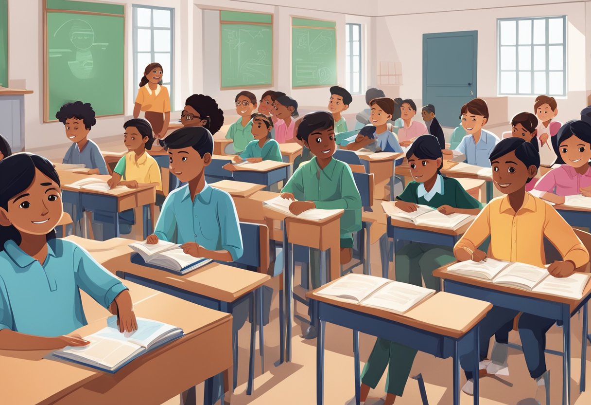 A diverse group of students in India engage with educational animations in a classroom setting