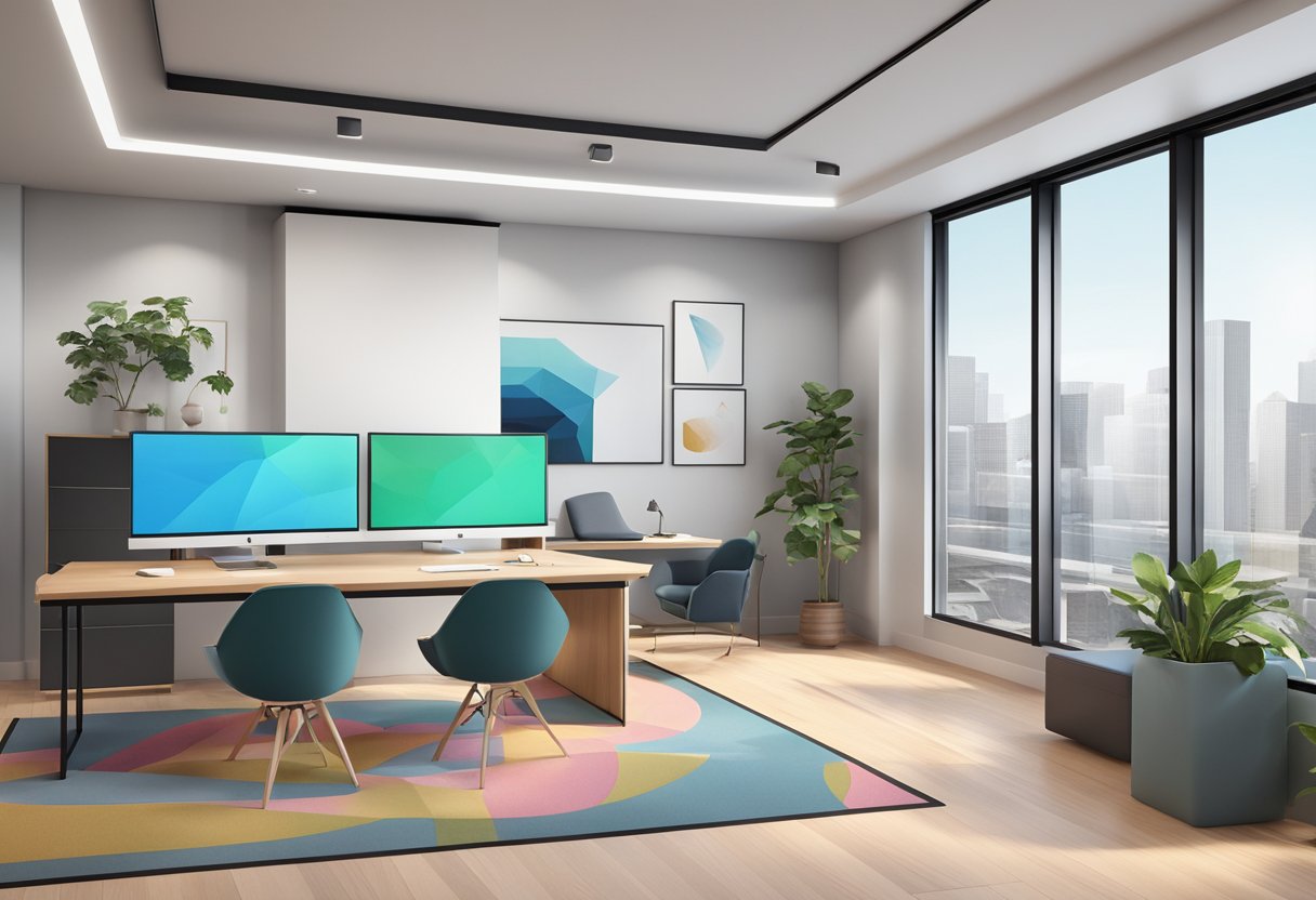 A sleek, modern office space with clean lines and minimalist decor. A large screen displays a colorful, dynamic animation showcasing the company's innovative design and aesthetic sensibility