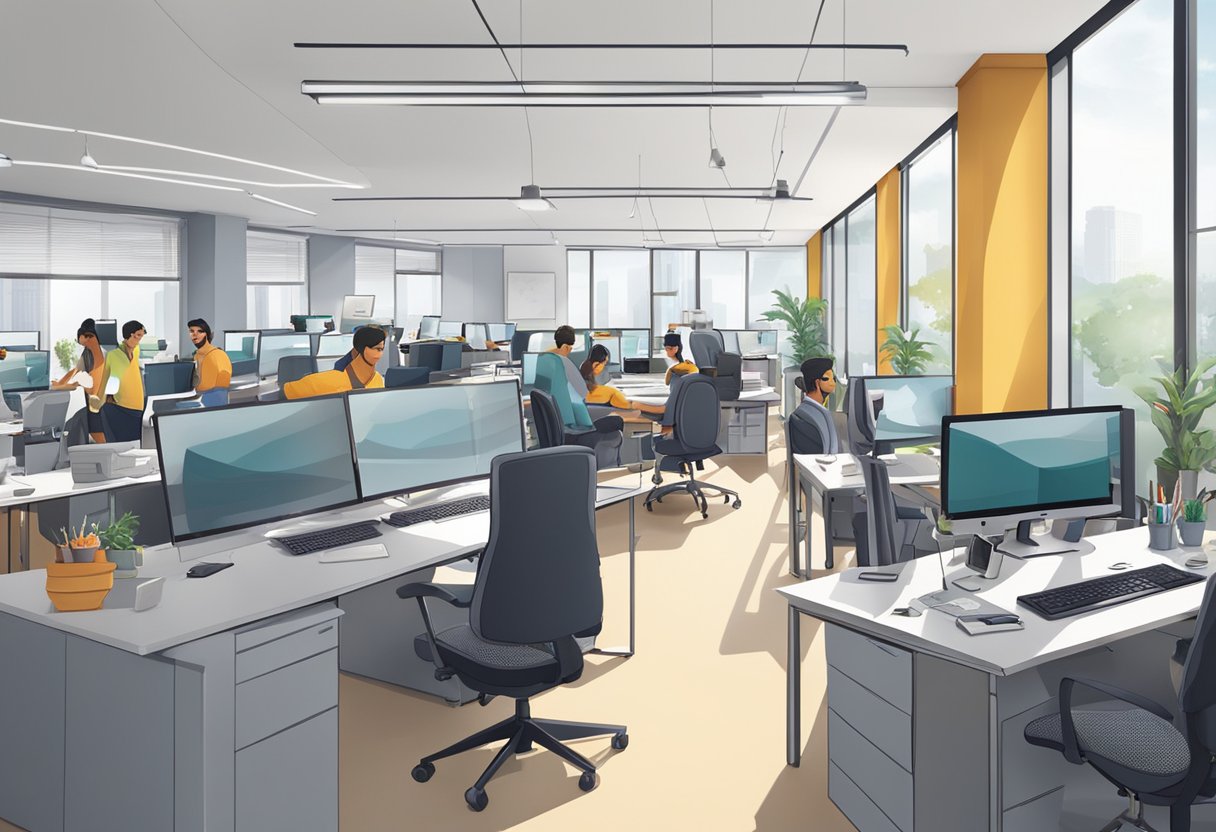 A busy office in Mumbai with modern decor and a team of animators working on corporate animation projects