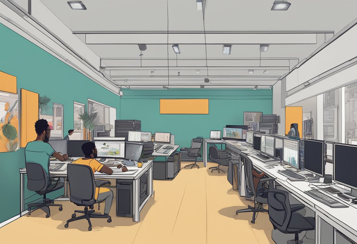 A bustling animation studio in Johannesburg, filled with diverse artists creating impactful cultural animations