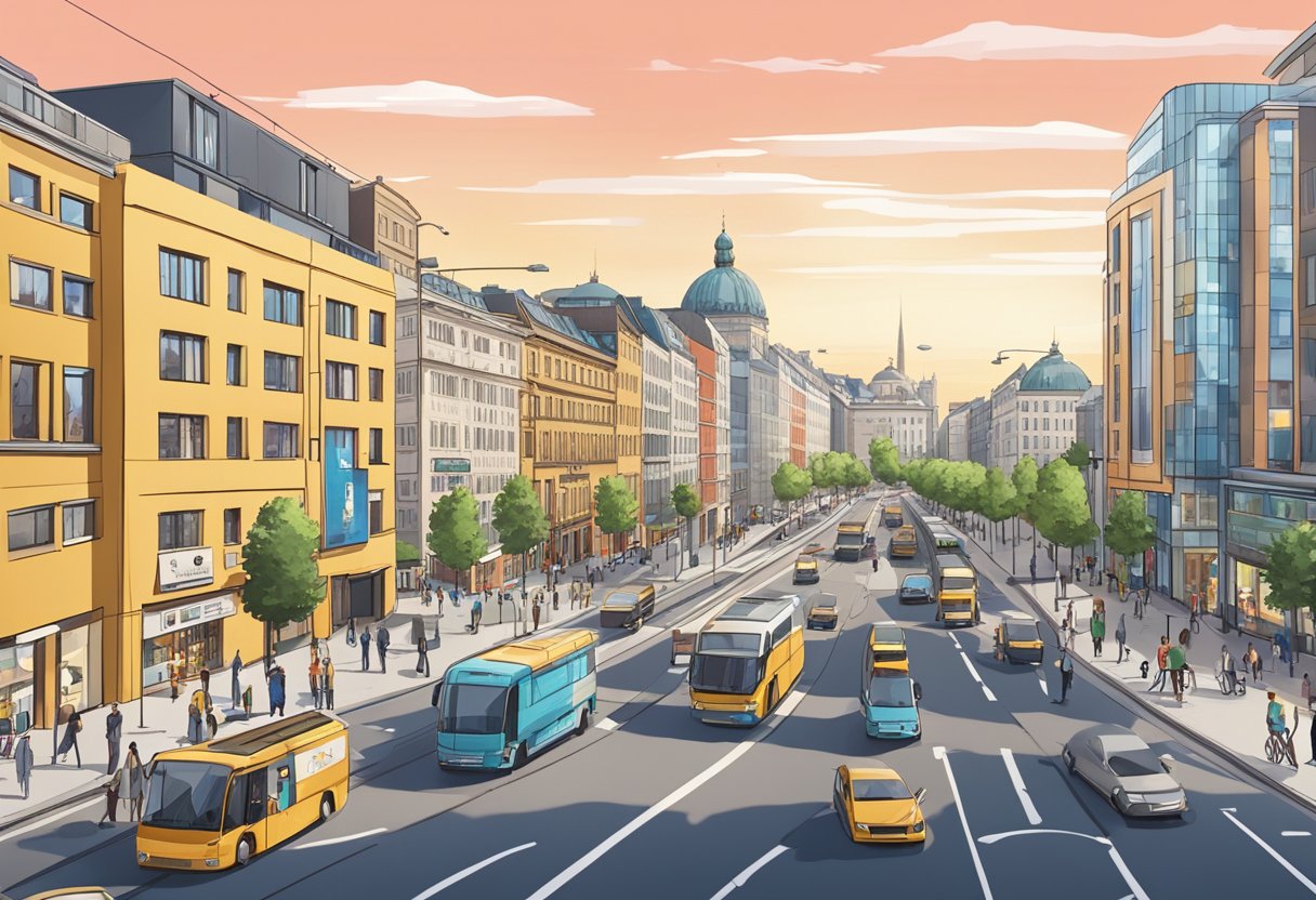 A bustling city street in Berlin, with modern buildings and vibrant signage, leading to a sleek animation studio with a creative atmosphere