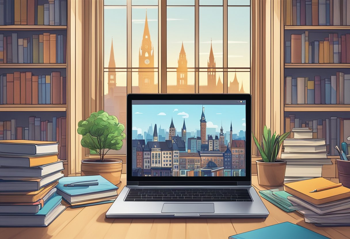 A laptop displaying an educational animation with interactive features, surrounded by books and school supplies. Hamburg's skyline visible through a nearby window