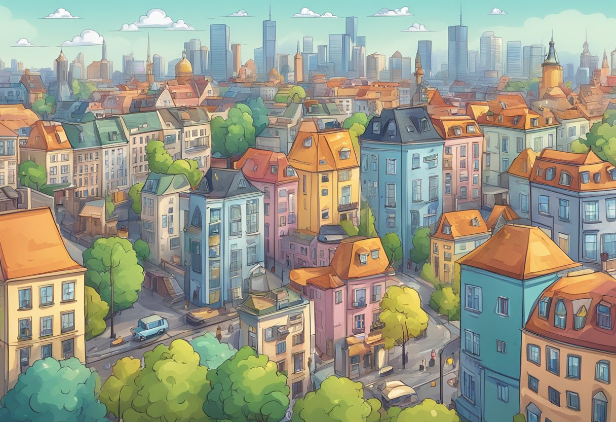 A colorful cartoon character showcasing various animation styles with the Berlin skyline in the background