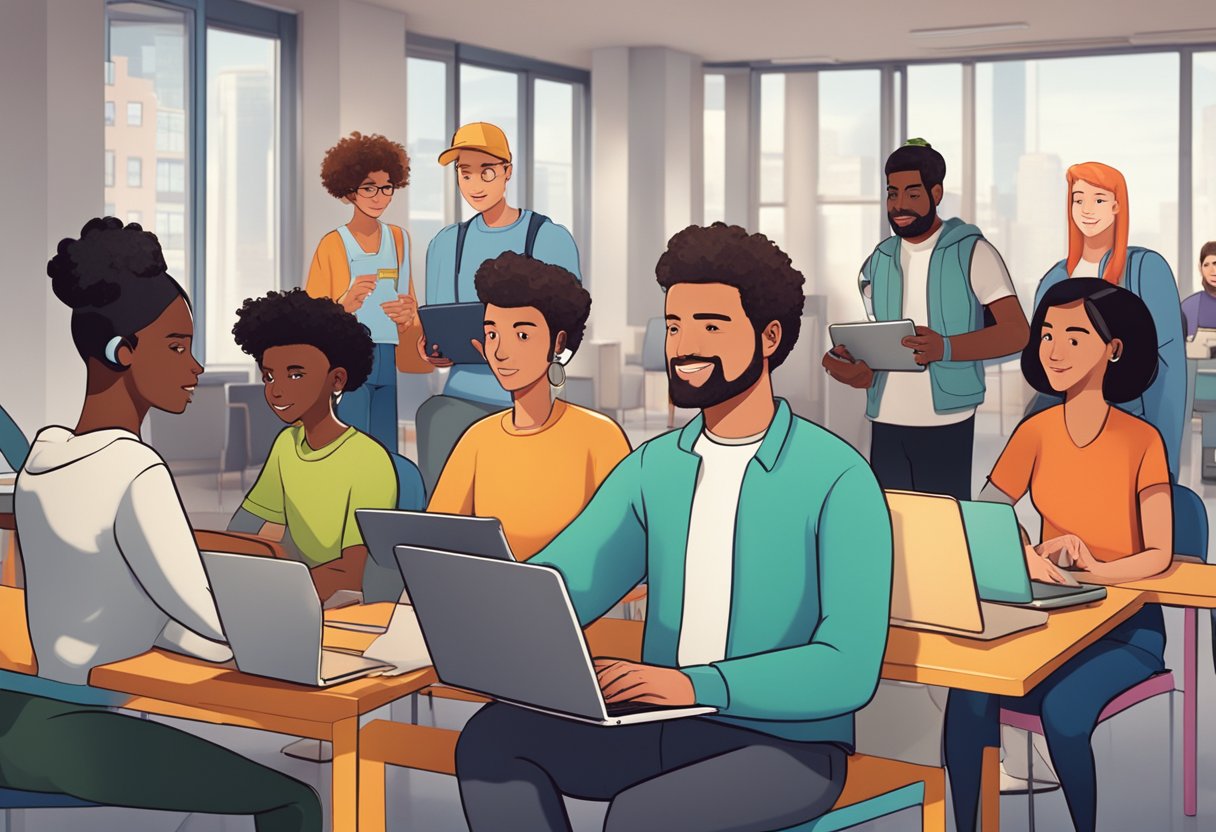A diverse group of animated characters engage with digital devices in a modern, interactive educational setting in Hamburg