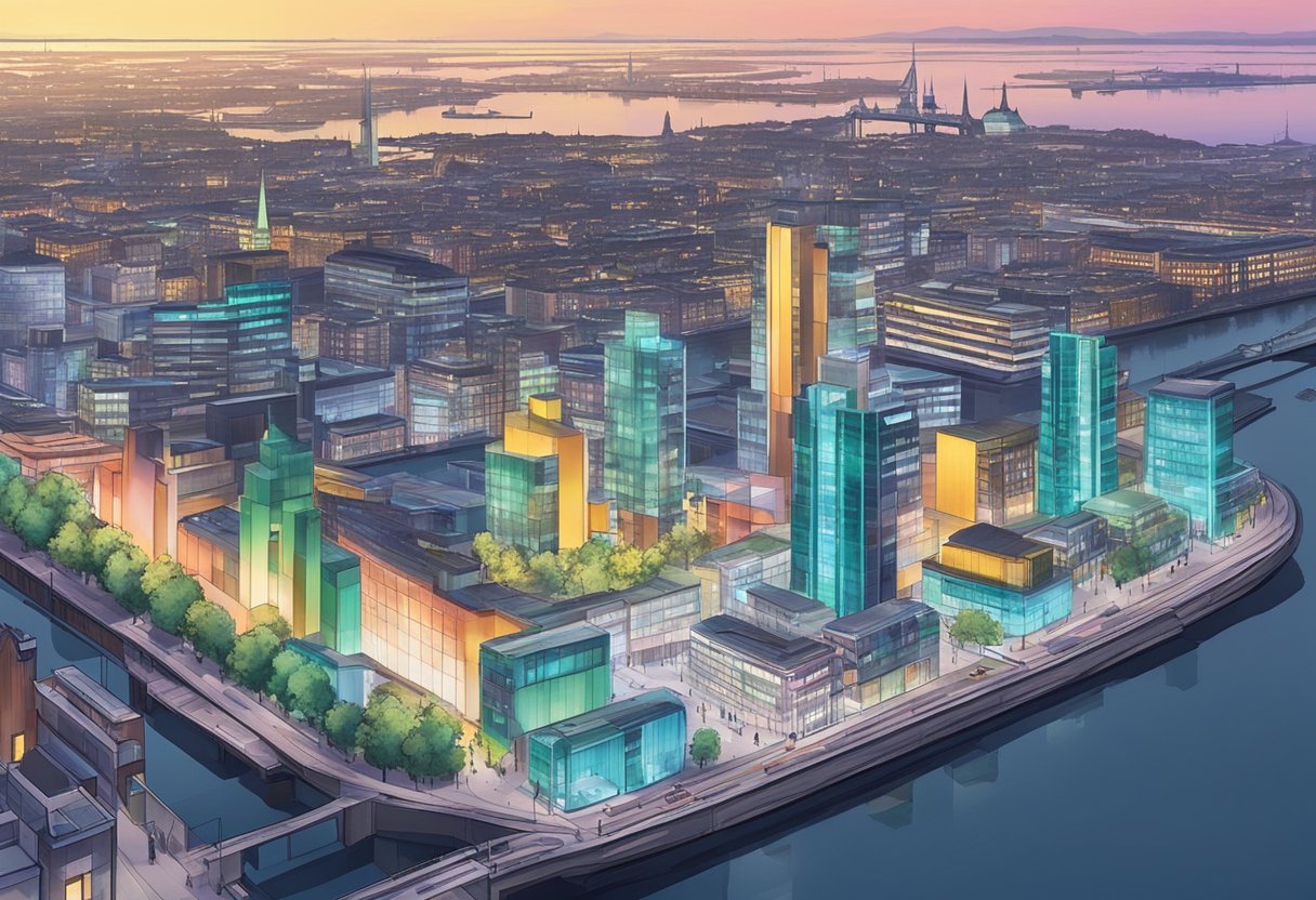 A futuristic cityscape with interactive educational animations projected onto buildings in Hamburg