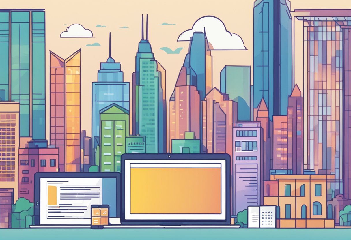 An animated computer screen displaying interactive FAQ icons with a city skyline in the background