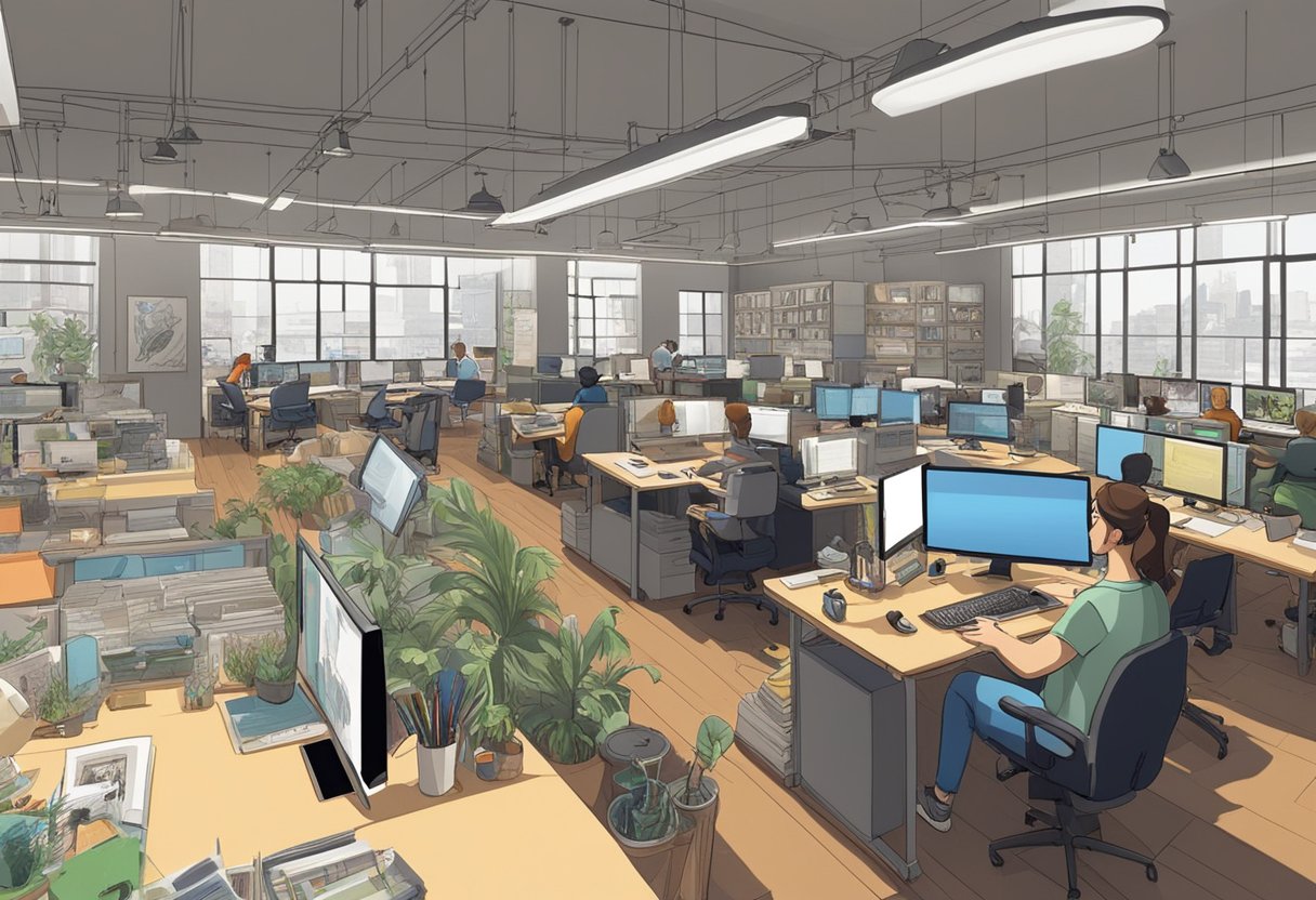 A bustling animation studio in Stockholm, filled with artists and animators working on colorful and intricate drawings. Computer screens display various stages of animation projects, while shelves are lined with reference books and character sketches