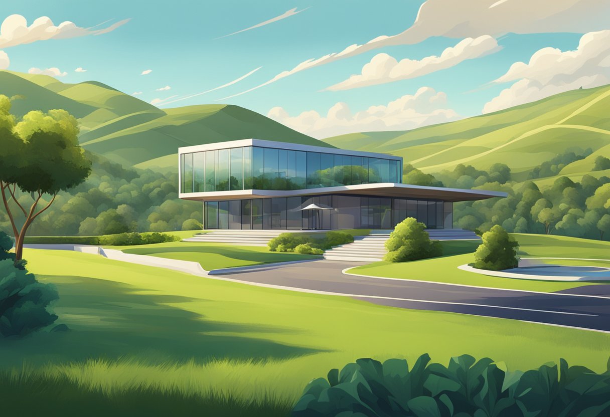A modern, sleek animation studio nestled in a lush, green landscape with rolling hills and a clear blue sky
