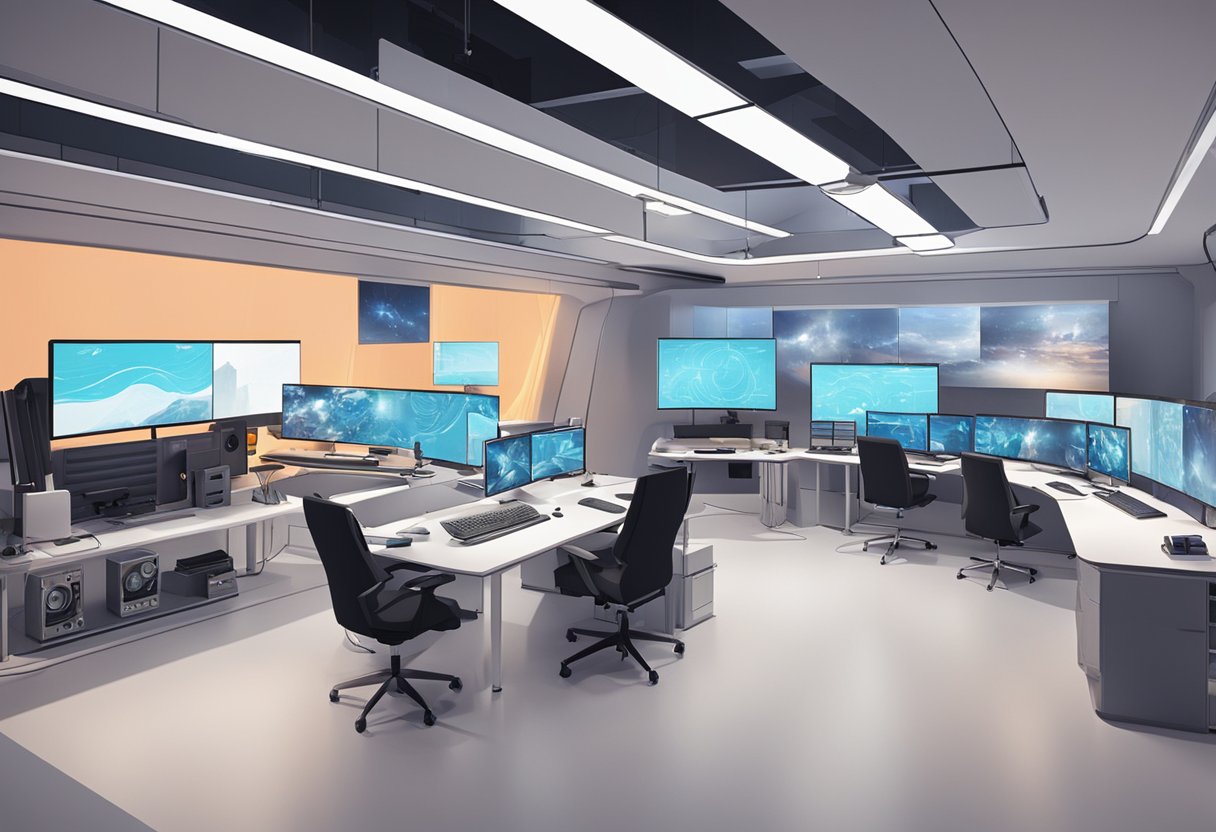 A futuristic animation studio in Stockholm with advanced technology and digital workstations