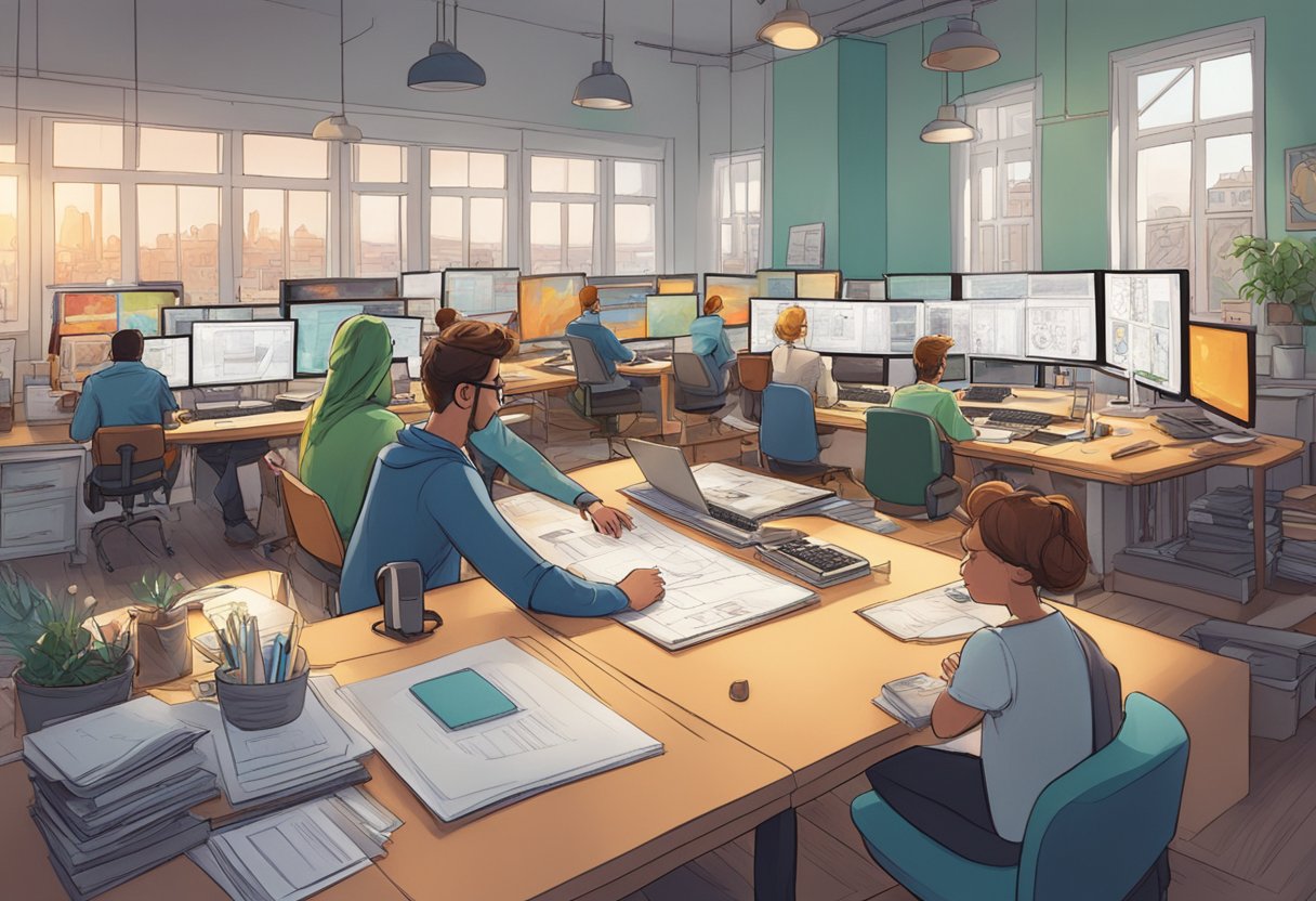 An animation studio in Stockholm bustling with artists, animators, and directors collaborating on colorful storyboards and intricate character designs