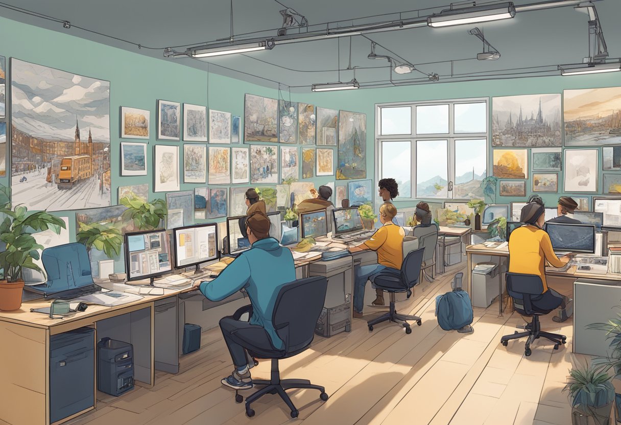 A bustling animation studio in Stockholm, filled with artists at work, surrounded by colorful concept art and storyboards