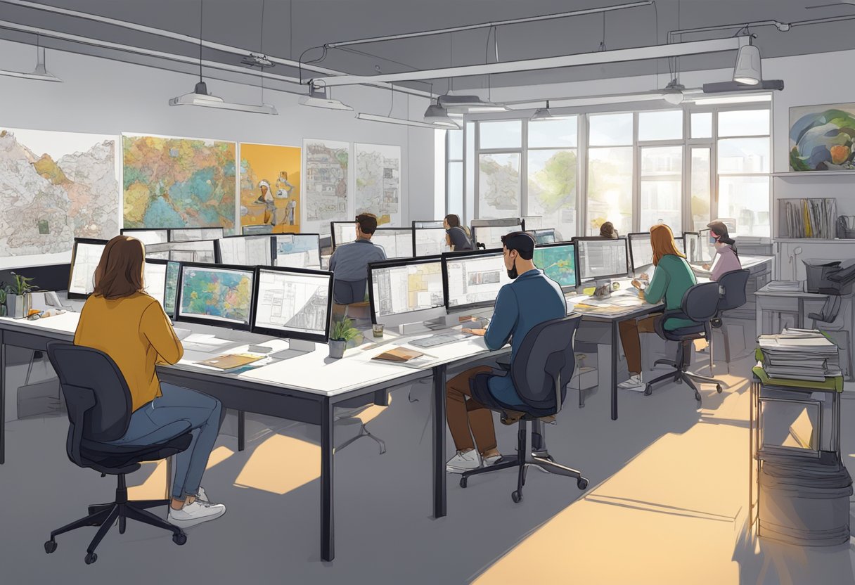 A bustling animation studio in Stockholm, filled with artists at work, surrounded by colorful drawings and storyboards