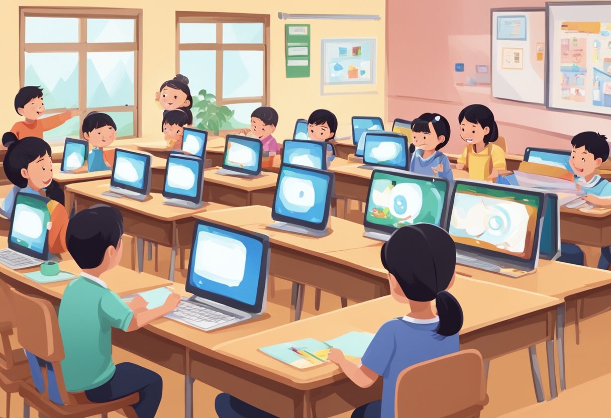 A classroom in China with animated characters teaching on a screen. Students engaged and interacting with the educational content