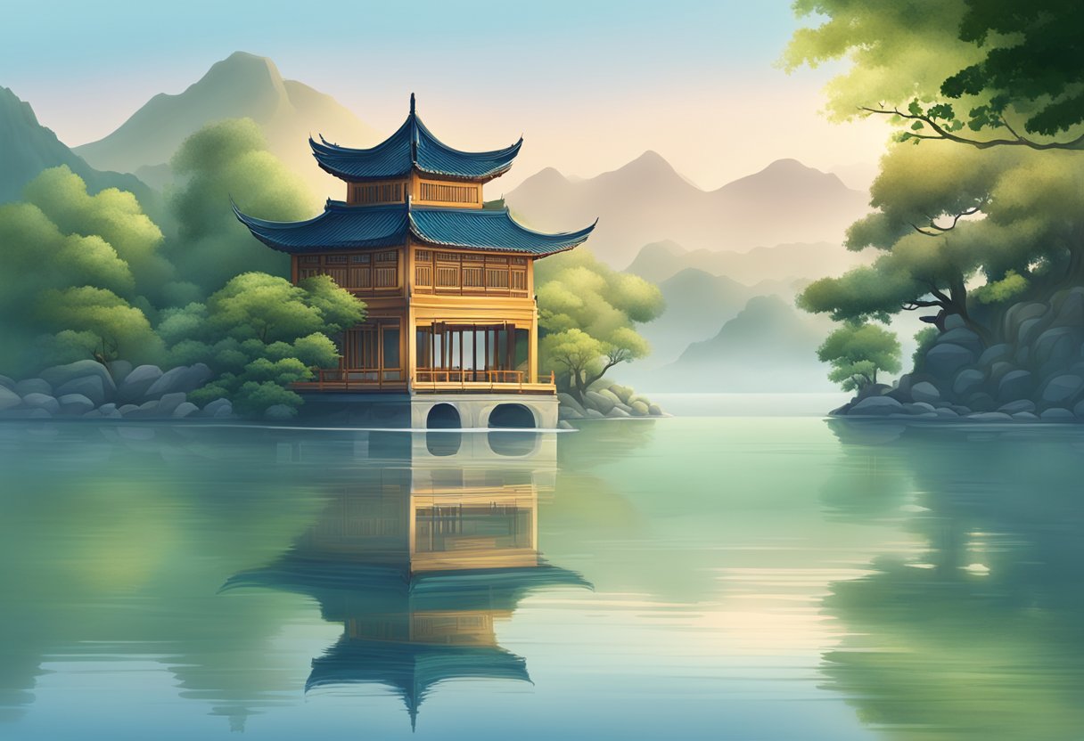 A serene lake with traditional Chinese architecture reflected in the water, surrounded by lush greenery and misty mountains