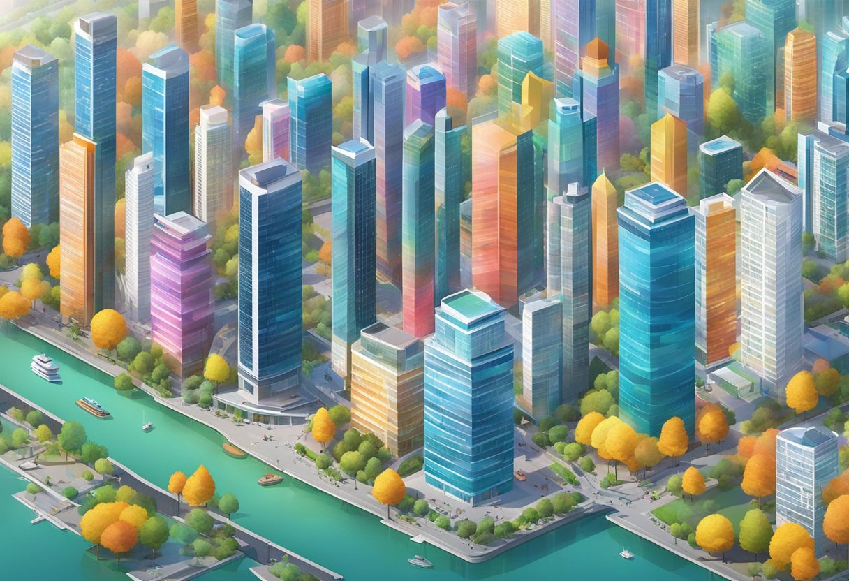 A vibrant cityscape with modern buildings and colorful custom animations displayed on large screens in Hangzhou