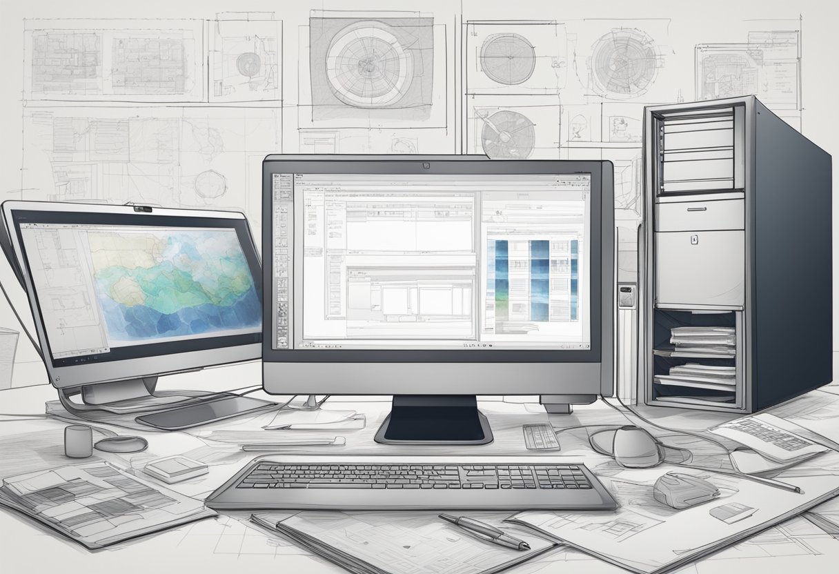 A computer with animation software open, surrounded by sketches and reference images