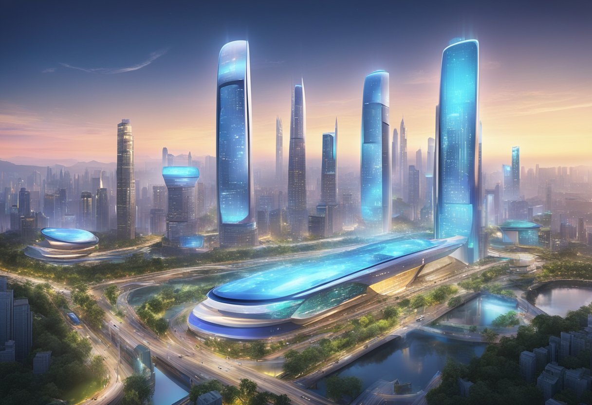 A futuristic cityscape with animated billboards and holographic displays, showcasing the latest advancements in animation technology in Hangzhou