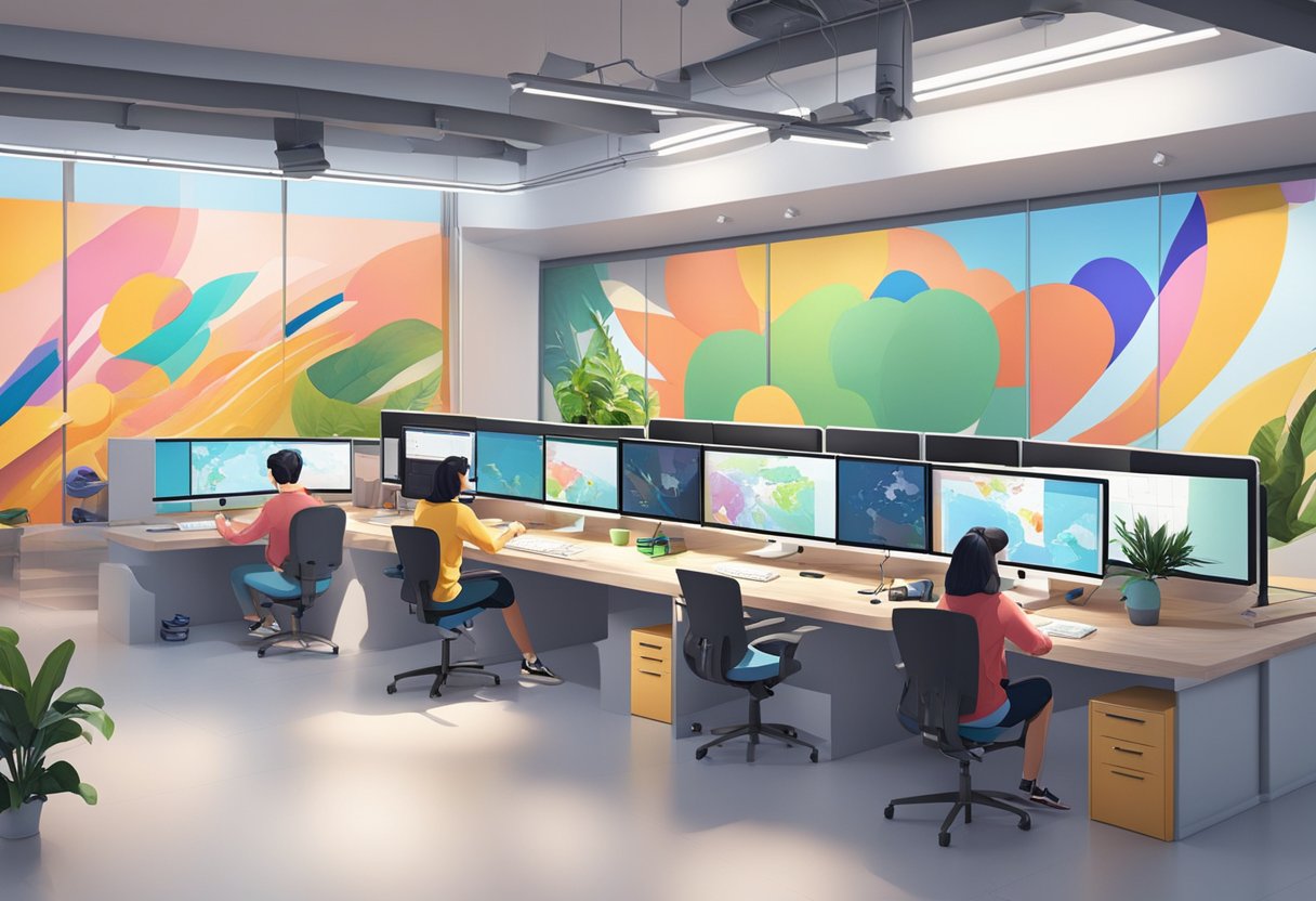A modern animation studio in Hangzhou with computers, drawing tablets, and colorful artwork on the walls