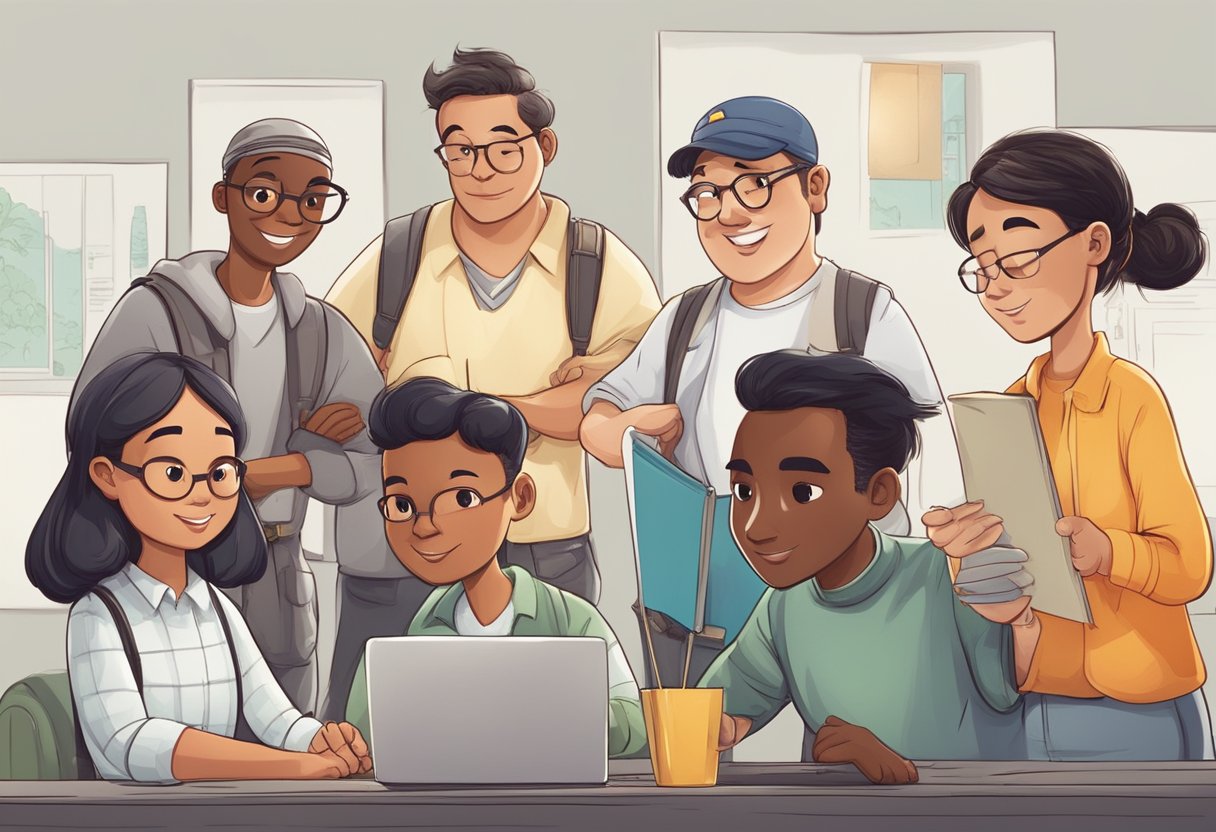 A group of diverse cartoon characters from different countries collaborate on a project, with a focus on China