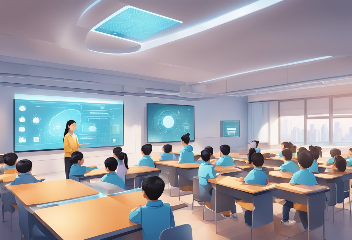 A futuristic classroom in China with advanced technology and diverse students engaging in interactive learning
