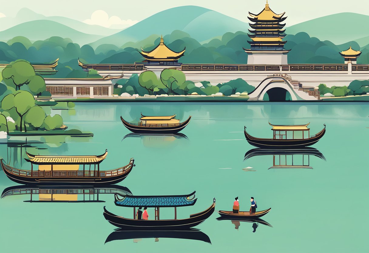 A mobile phone displaying a custom animation of Hangzhou's iconic West Lake with animated boats and traditional Chinese architecture