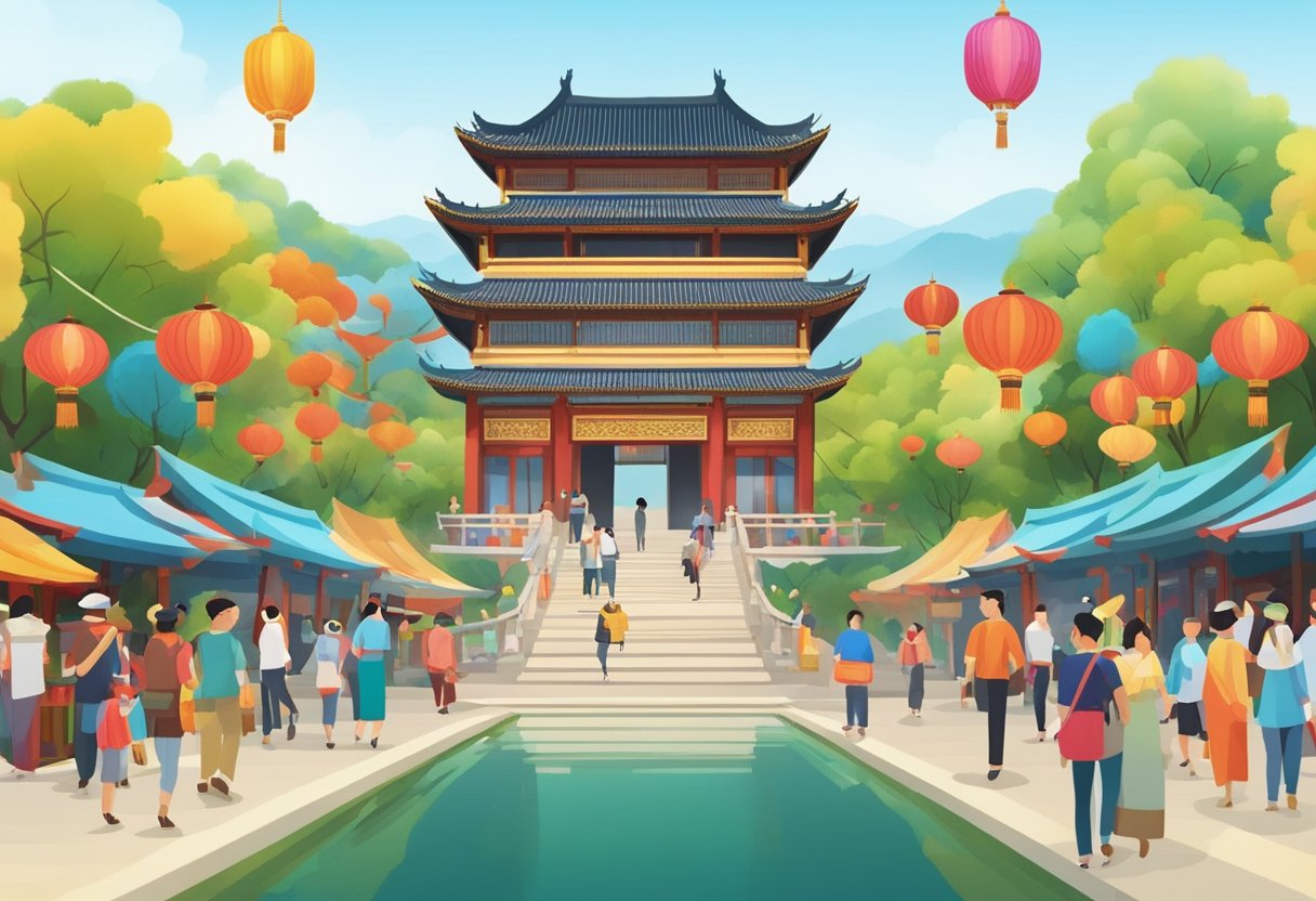 Colorful custom animations of traditional Hangzhou landmarks and cultural symbols displayed on a digital screen at a bustling cultural festival