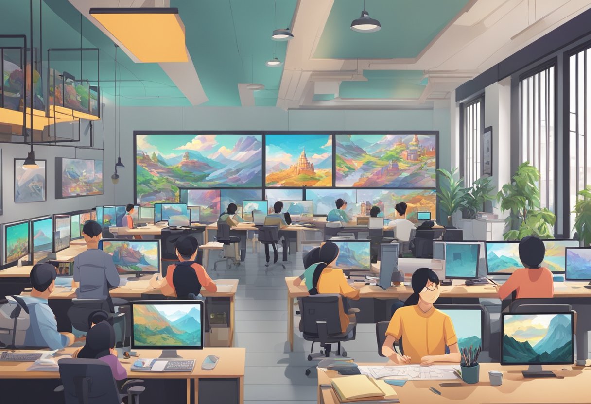 A bustling animation studio in China, with artists at work on colorful and detailed designs, surrounded by screens and drawing tablets