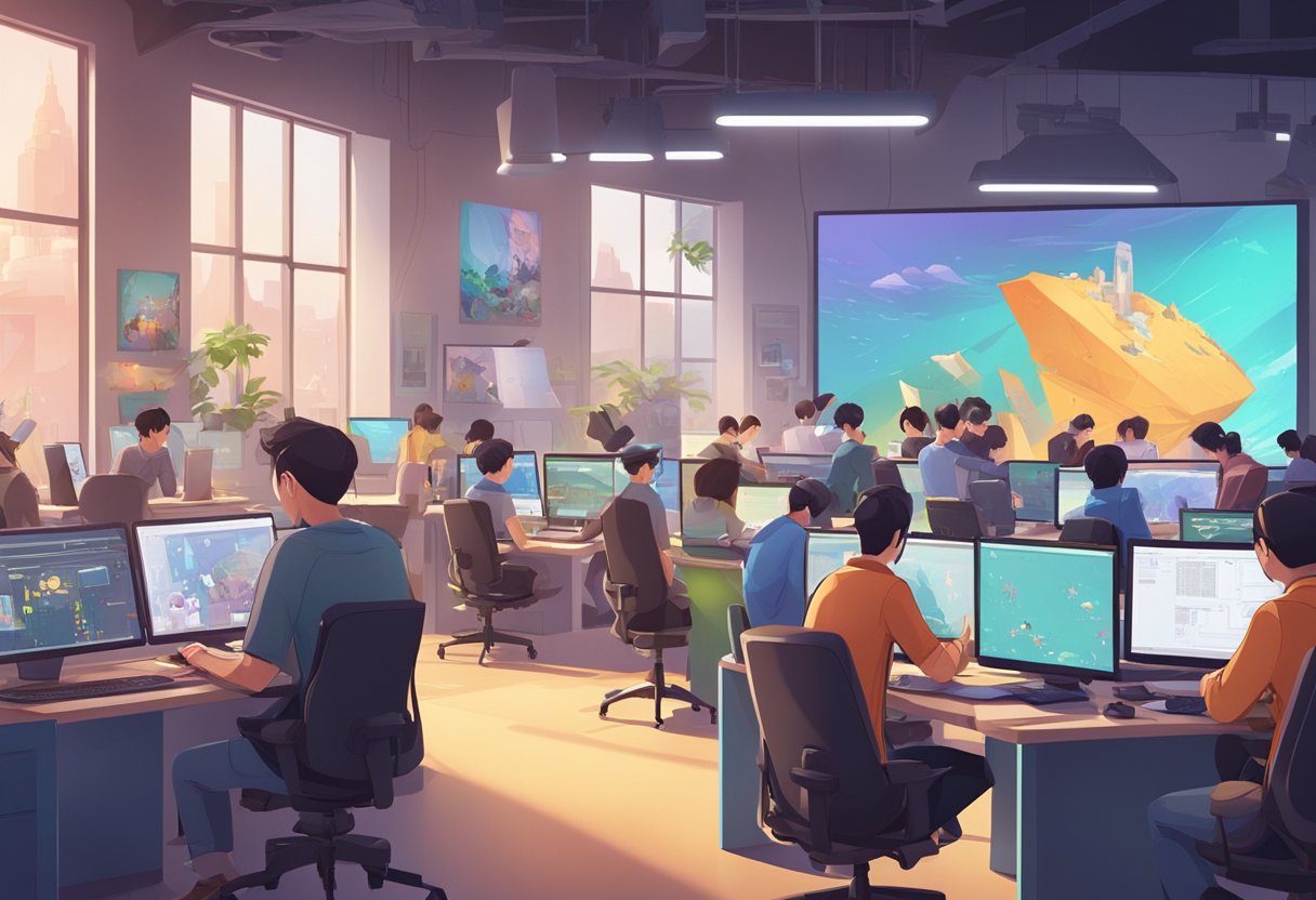 A bustling animation studio in China, with artists collaborating on interactive entertainment projects amidst colorful concept art and digital workstations