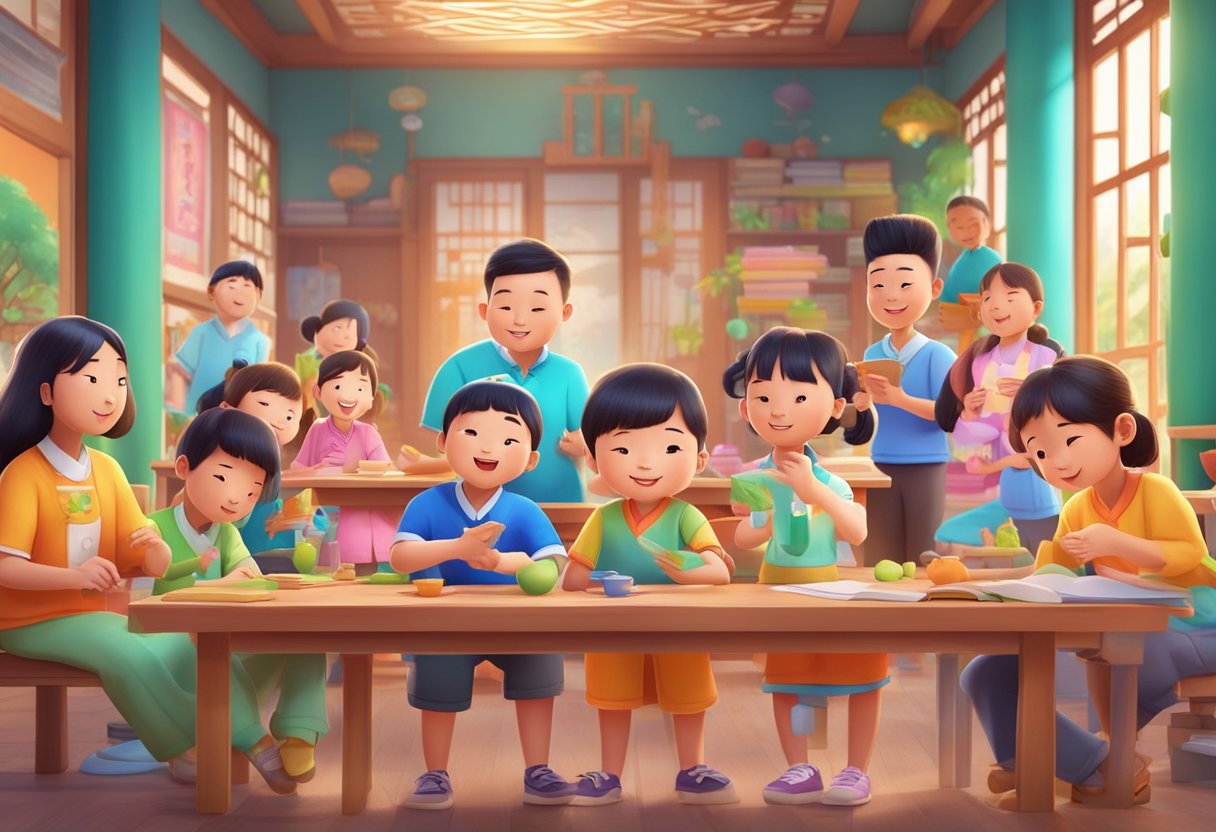 A group of colorful animated characters engage in educational activities in a vibrant, Chinese-inspired setting