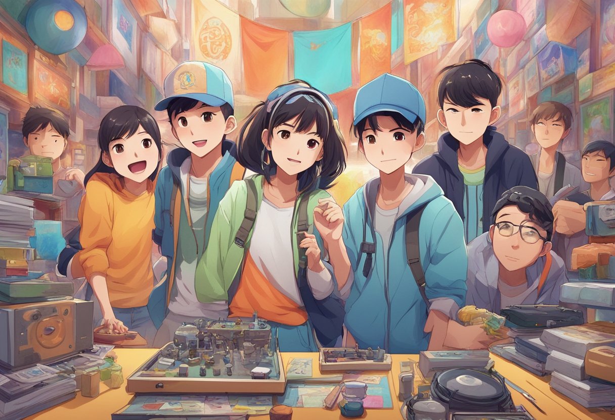 A group of Chinese animators are surrounded by anime-inspired artwork, incorporating vibrant colors and exaggerated expressions