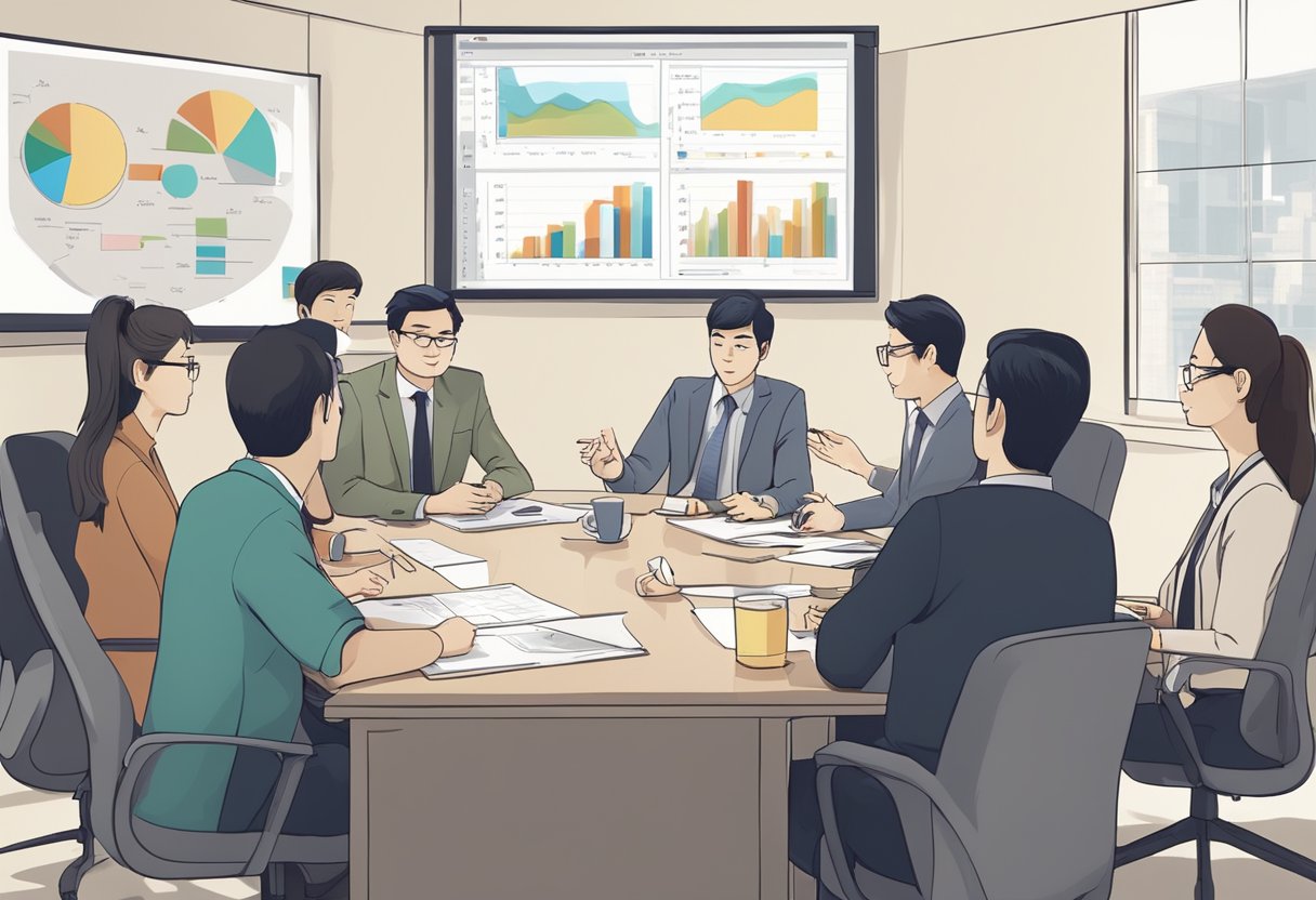 A group of professionals in a meeting room, discussing charts and graphs related to the Chinese animation market