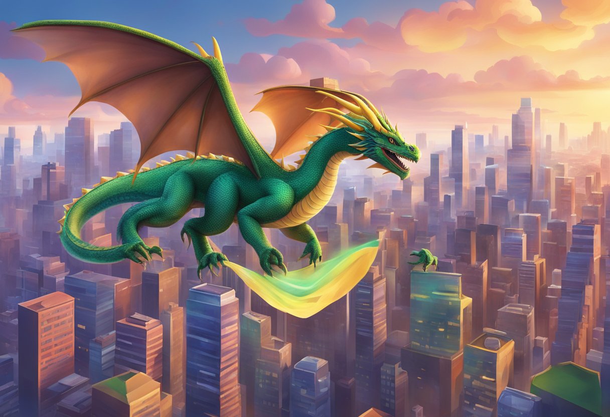 A vibrant animated dragon soars across a city skyline, transitioning from a small screen to a large movie theater screen
