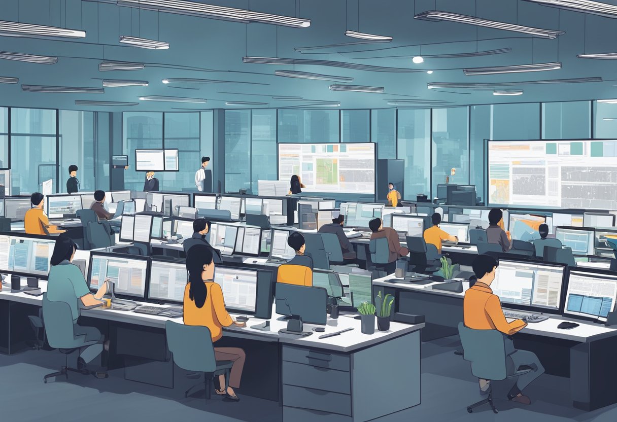 A bustling newsroom with journalists and editors working on stories about the booming animation sector in China. Screens and newspapers display industry updates