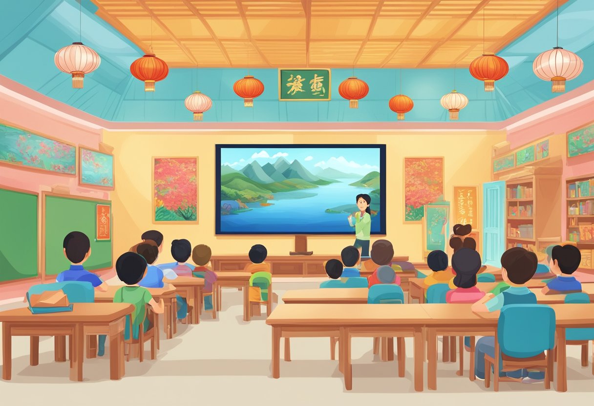 A colorful classroom setting with a large screen displaying an animated educational explainer video about Chinese culture and history