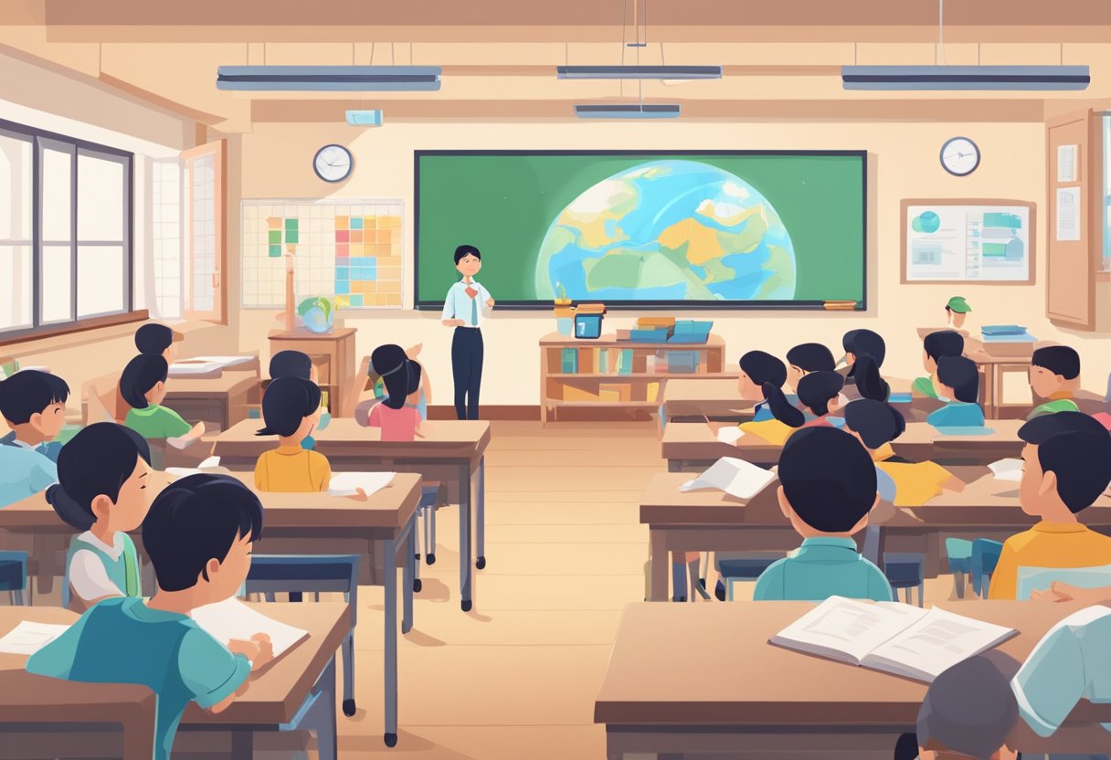 A classroom setting in China with students engaged in a dynamic educational explainer video. Bright visuals and engaging animations capture their attention