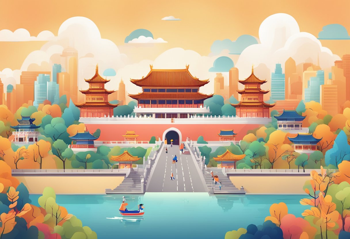 A colorful and engaging animation illustrating key design principles for educational explainer videos, set against a backdrop of iconic Chinese landmarks and cultural symbols