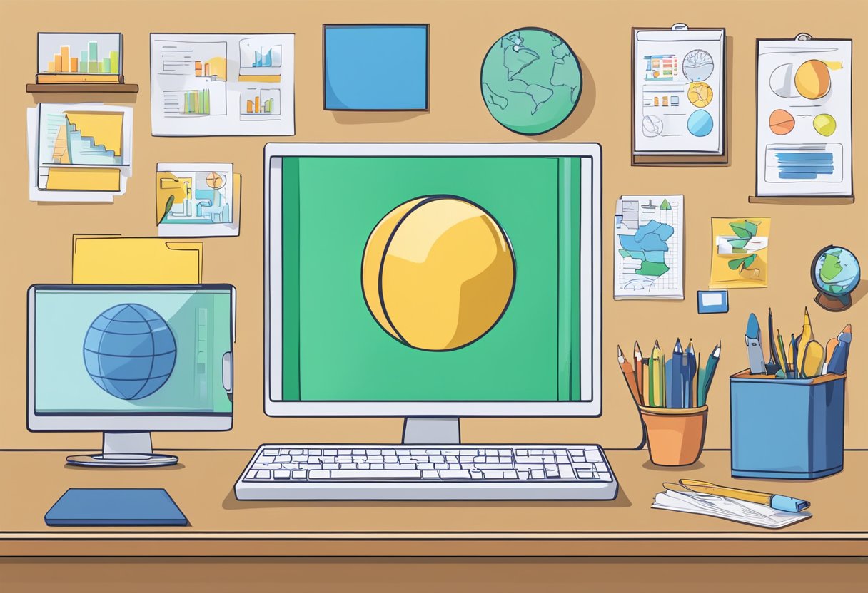 A computer with DIY explainer video creation tools surrounded by educational props in a classroom setting in China