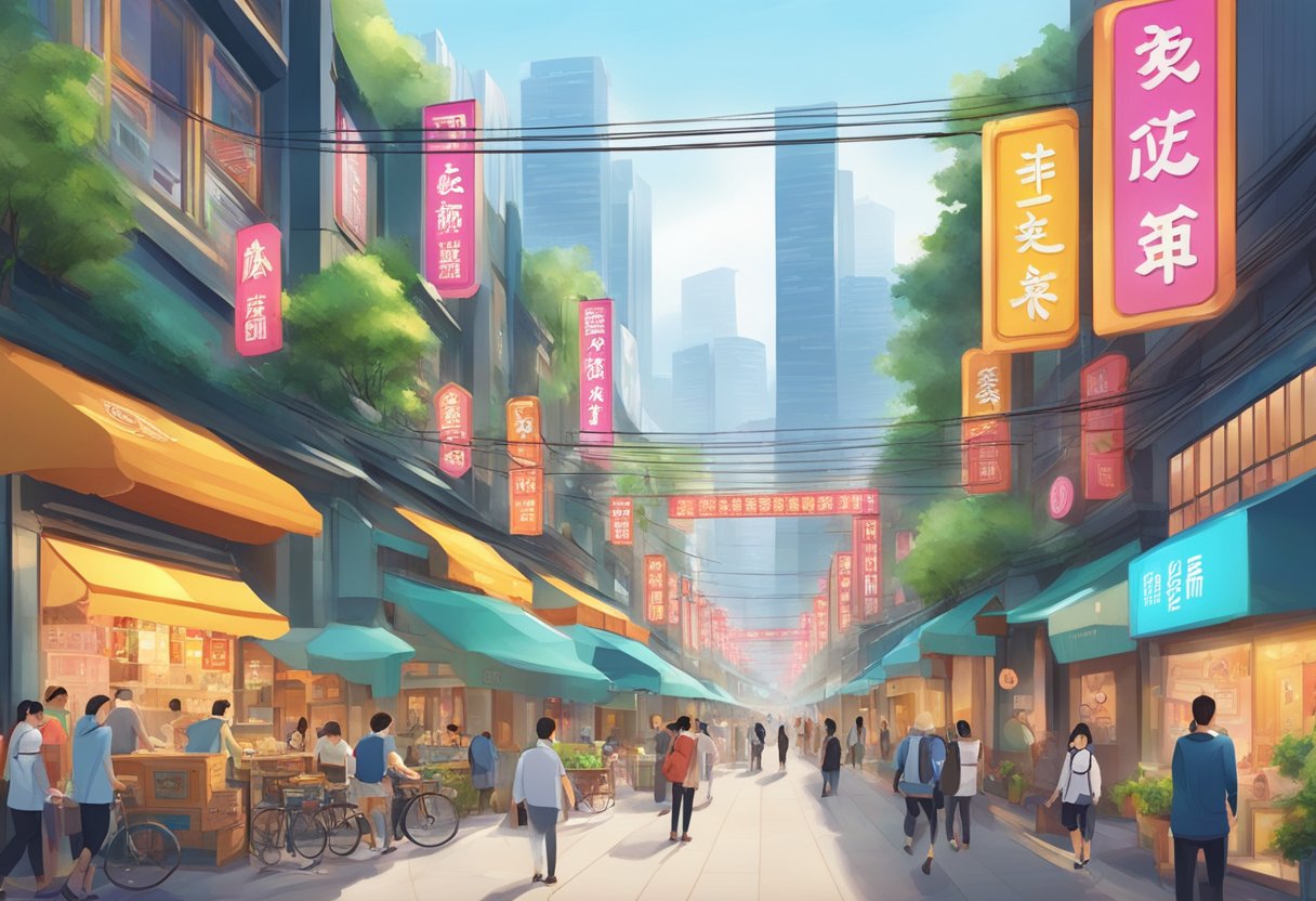 A bustling Chengdu street lined with colorful animation studios and vibrant signage