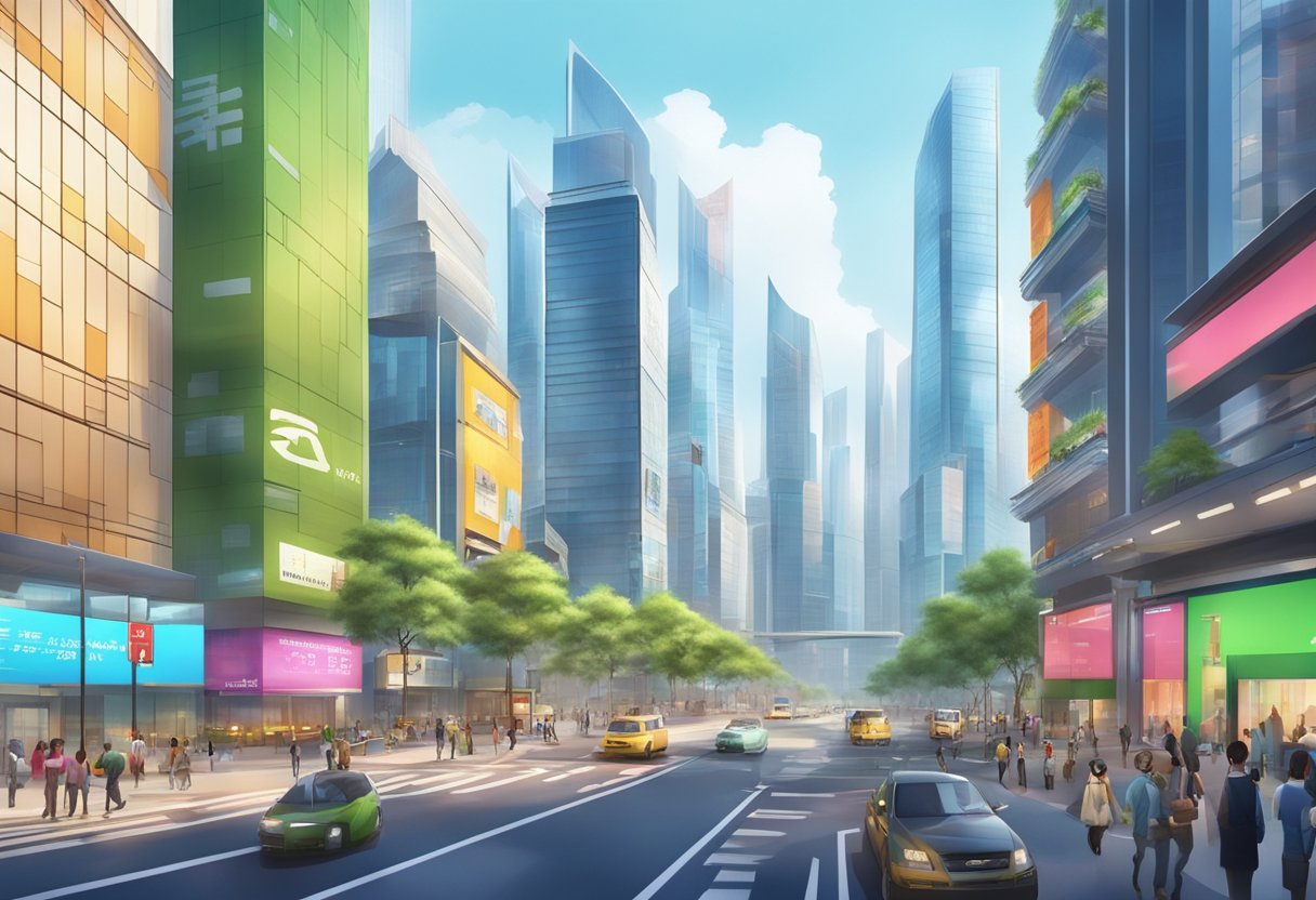 A bustling cityscape with modern skyscrapers and vibrant street life, showcasing the dynamic and innovative atmosphere of Chengdu's animation industry
