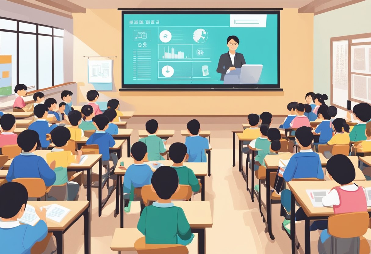 A classroom setting in China with students watching educational explainer videos on a large screen while a teacher observes and takes notes