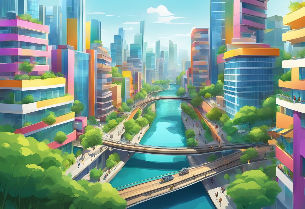 A bustling cityscape with modern buildings and colorful billboards, surrounded by lush greenery and a flowing river, with a vibrant and energetic atmosphere