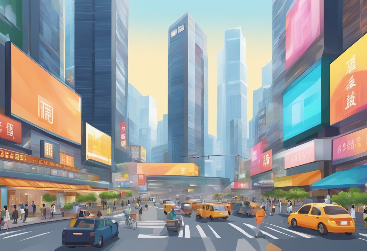 A bustling city street in Chengdu, China, filled with modern art and design innovation animation providers. Skyscrapers and colorful billboards line the busy road