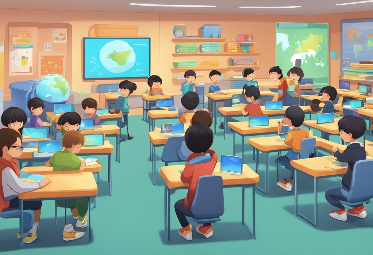A classroom setting with animated characters interacting with educational props and technology, set in a futuristic, tech-savvy environment in China