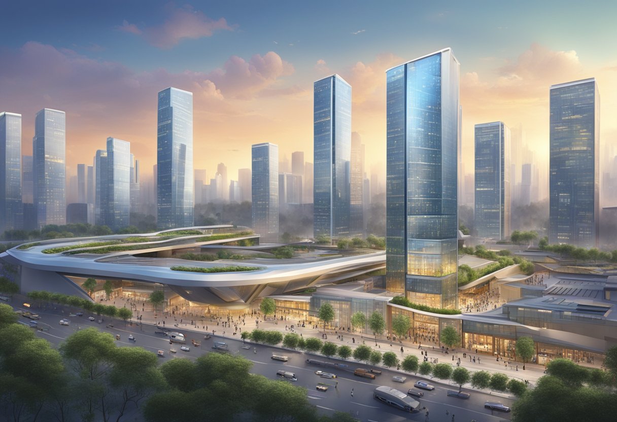 A bustling cityscape in Chengdu, with modern technology and animation studios visible in the background