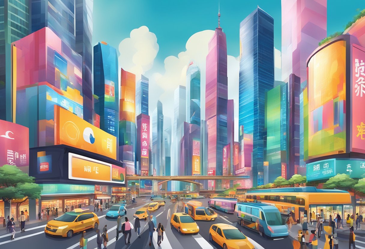 A bustling cityscape with skyscrapers and billboards, featuring vibrant colors and dynamic movement to represent marketing and advertising strategies in Chengdu