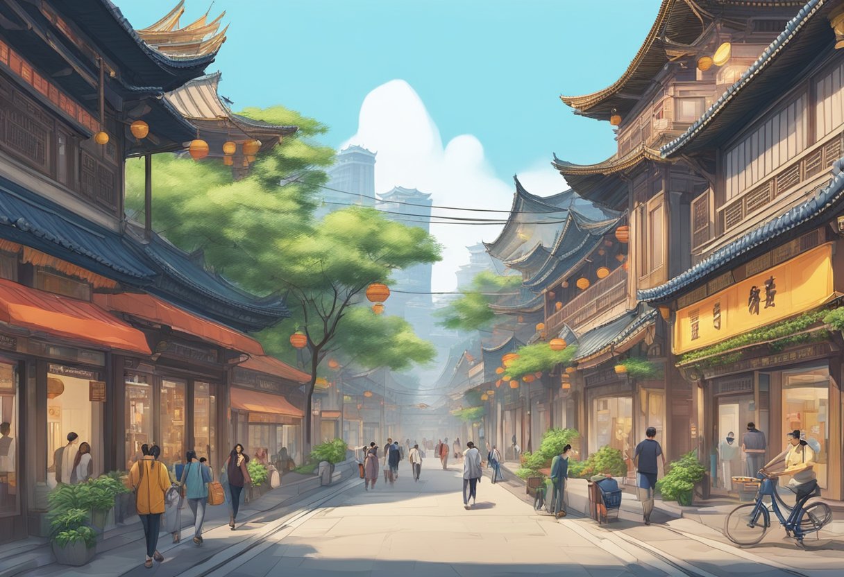 A bustling Chengdu street with traditional architecture and modern animation studios