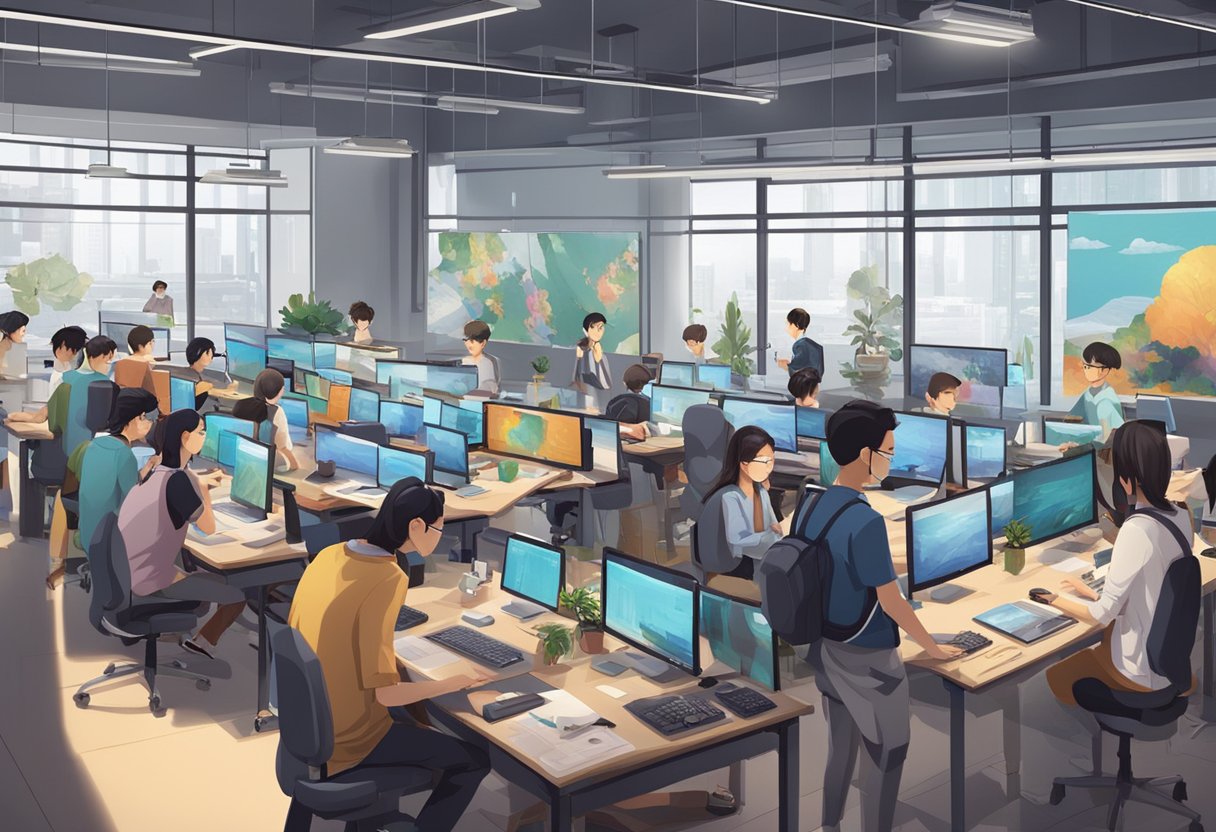 A bustling animation studio in China with students and instructors collaborating on projects, surrounded by advanced technology and creative artwork