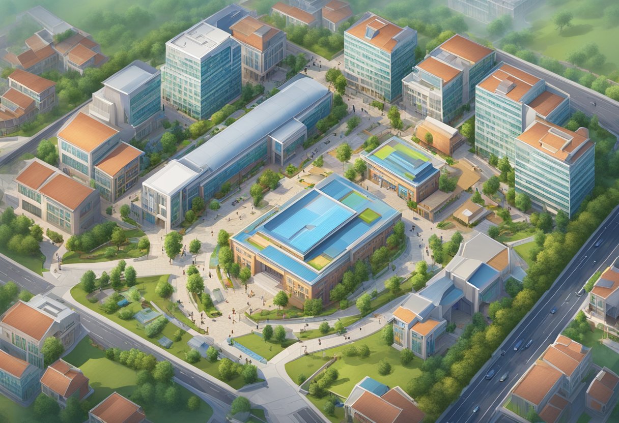 An aerial view of bustling Animation Studios in China, surrounded by international schools