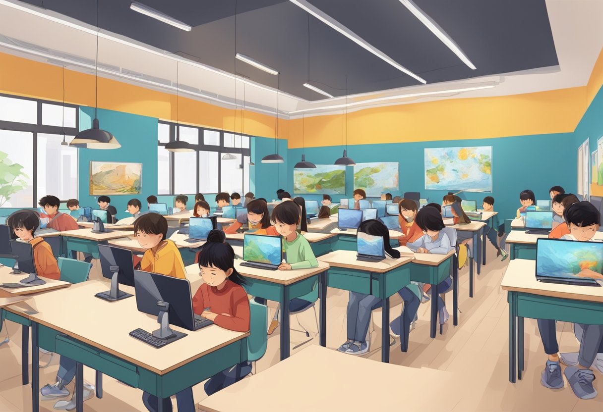 An animation studio in a Chinese international school bustling with students and instructors creating digital artwork and designs